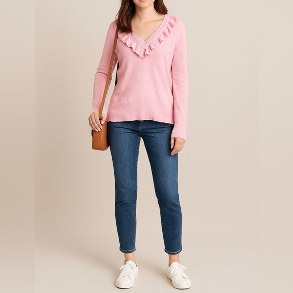 J. Crew black label pink heather knit ruffle sweater, Sz. L